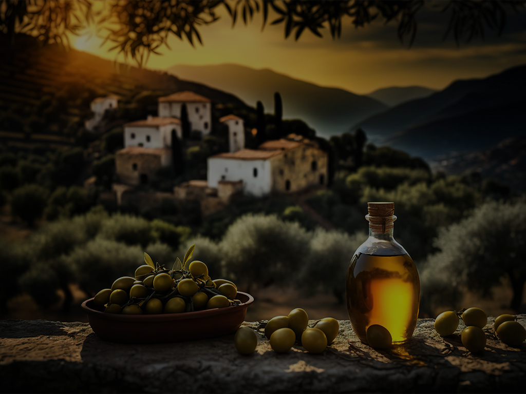 Olivenöl und Oliven vor griechischer Landschaft